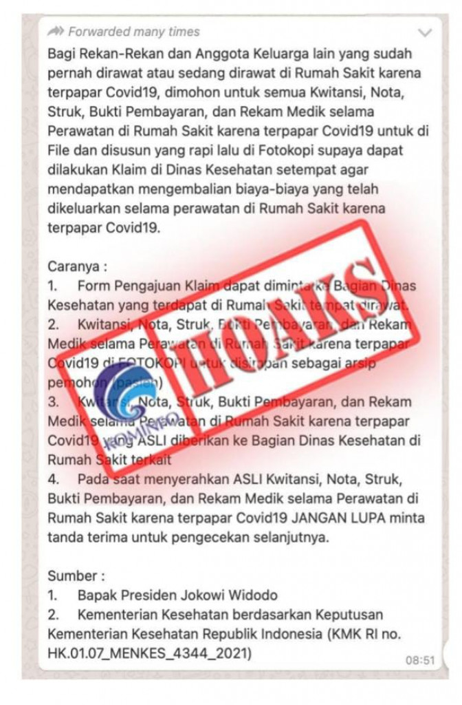 [HOAKS] Pasien Covid-19 di RS Bisa Ajukan Klaim Sendiri Melalui Dinas Kesehatan
